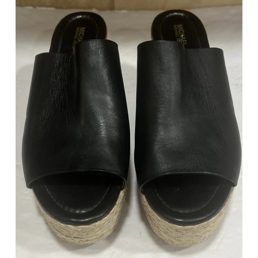 Michael Kors Cunningham Black Leather Platform Wedge Heel Jute Logo Open Toe 8.5